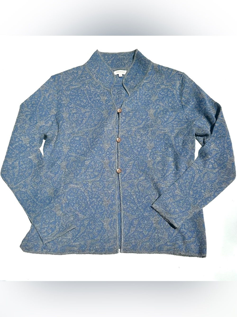 Novica Alpaca Paisley Blue Gray Button-Up Cardigan, Peru, XL